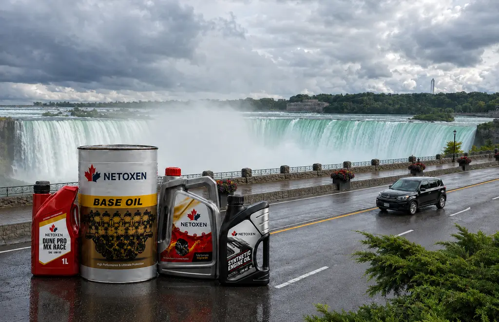 Netoxen engine oil bottles and a base oil drum on a wet road beside Niagara Falls